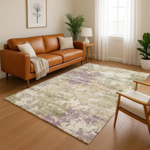 HomeRoots 8' Beige and Purple Abstract Round Rug - Washable, Stain Resistant, UV Protected for High-Traffic Areas 717017