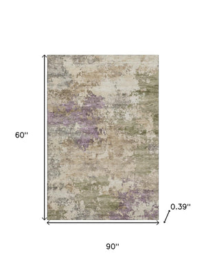HomeRoots 8' Beige and Purple Abstract Round Rug - Washable, Stain Resistant, UV Protected for High-Traffic Areas 717017