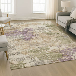 HomeRoots 8' Beige and Purple Abstract Round Rug - Washable, Stain Resistant, UV Protected for High-Traffic Areas 717017