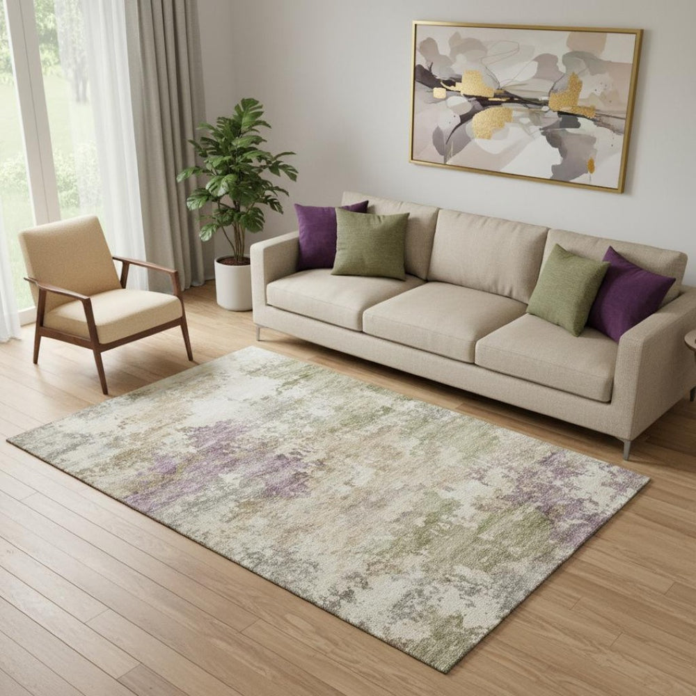 HomeRoots 8' Beige and Purple Abstract Round Rug - Washable, Stain Resistant, UV Protected for High-Traffic Areas 717017