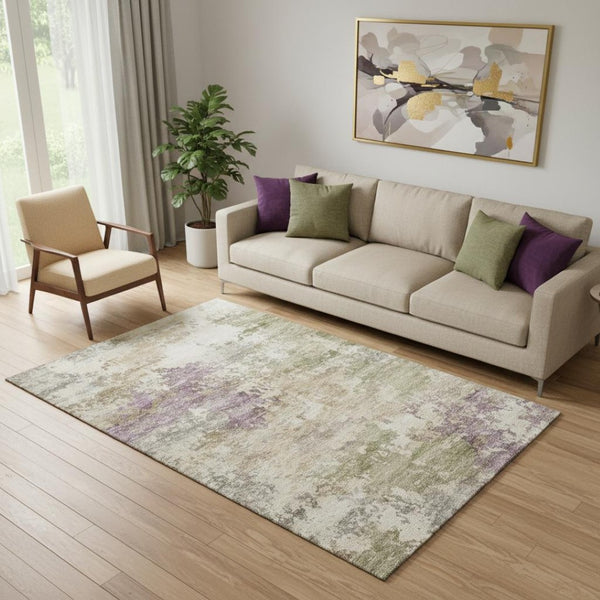 HomeRoots 8' Beige and Purple Abstract Round Rug - Washable, Stain Resistant, UV Protected for High-Traffic Areas 717017