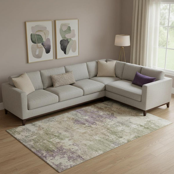 HomeRoots 9' X 12' Beige & Purple Abstract Area Rug – Washable, UV Protected, Durable, Ideal for Homes 717019