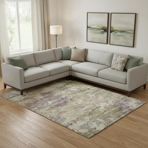 HomeRoots 10' X 14' Washable Beige & Purple Abstract Area Rug - UV Protection, Durable, Modern Design for Home 717020