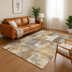 HomeRoots 5' X 8' Brown And Beige Abstract Washable Area Rug – Stylish, Durable, UV-Protected for Modern Homes! 717022