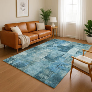 HomeRoots 5' X 8' Blue Abstract Washable Area Rug with UV Protection – Stylish, Durable, and Easy-Care Design! 717028