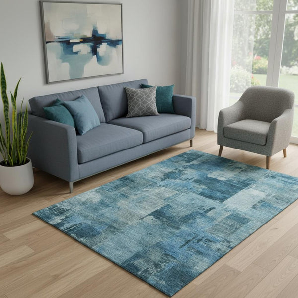 HomeRoots 8' Blue Abstract Washable Round Rug with UV Protection - Durable, Stylish & Ideal for Busy Homes 717029