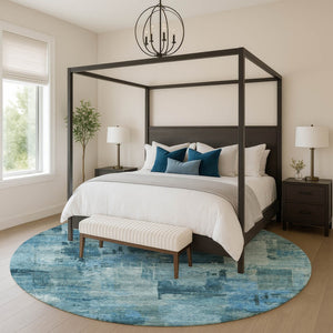 HomeRoots 8' X 10' Modern Blue and Denim Abstract Area Rug – Washable, UV Protected, Soft & Durable Design 717030