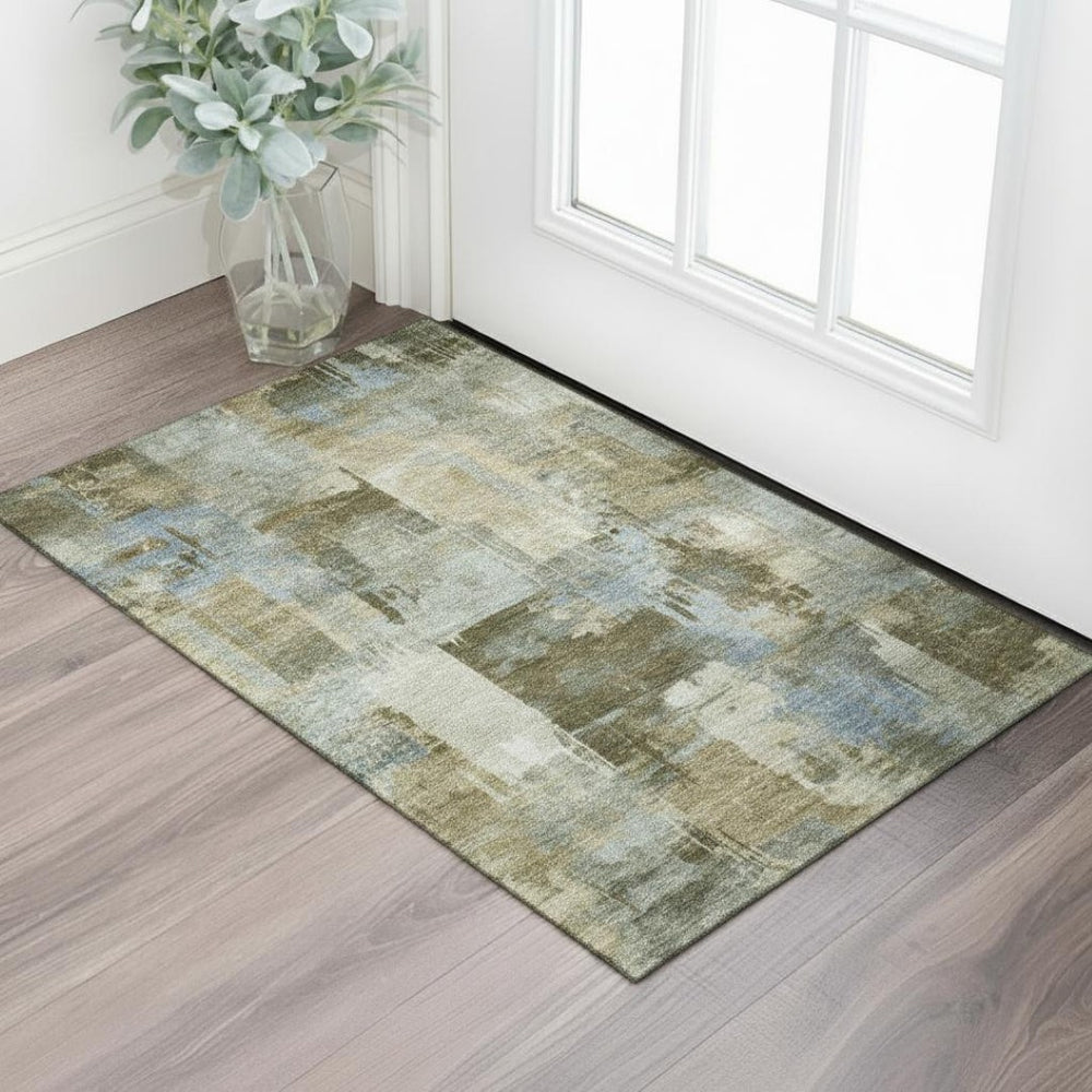 HomeRoots 5' X 8' Green and Gray Abstract Area Rug - Washable, UV Protected, Durable, Modern Design for Homes 717034