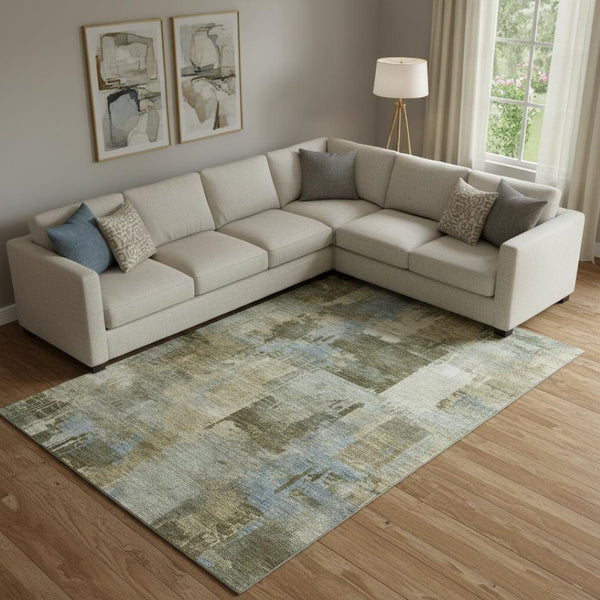 HomeRoots 10' X 14' Modern Green and Gray Abstract Washable Area Rug with UV Protection for Busy Homes 717038