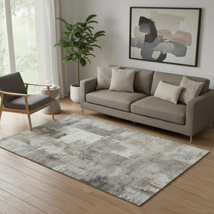 HomeRoots 8' Washable Round Rug in Pewter and Gray - Durable, UV-Protected, Modern Abstract Design for Homes 717047