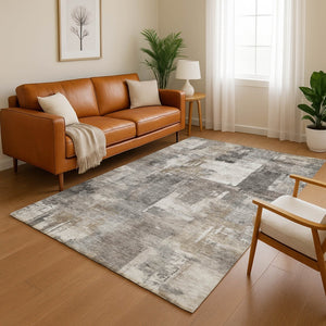 HomeRoots 9' X 12' Modern Pewter and Gray Abstract Washable Area Rug with Stain Resistance & UV Protection 717049