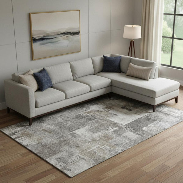 HomeRoots 9' X 12' Modern Pewter and Gray Abstract Washable Area Rug with Stain Resistance & UV Protection 717049