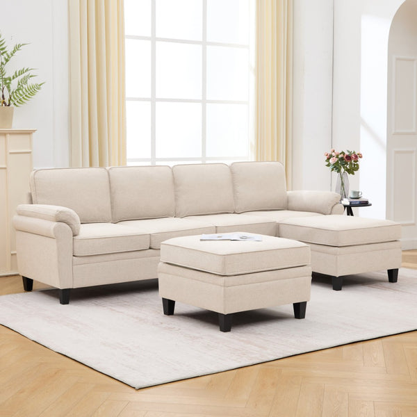 English Elm 102 Inch Linen Modular Sectional Sofa with Hidden Storage and Cloud Cushion Comfort Beige W1099S00210