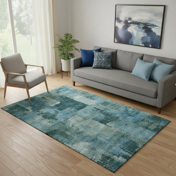 HomeRoots 8' Teal and Aqua Abstract Washable Rug - UV Protected, Stain Resistant, Perfect for Pets & Kids! 717053