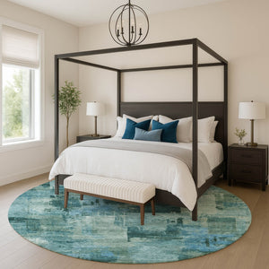 HomeRoots 8' X 10' Teal And Aqua Abstract Washable Area Rug – Durable, UV-Protected, Perfect for Kids and Pets! 717054