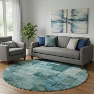 HomeRoots 8' X 10' Teal And Aqua Abstract Washable Area Rug – Durable, UV-Protected, Perfect for Kids and Pets! 717054