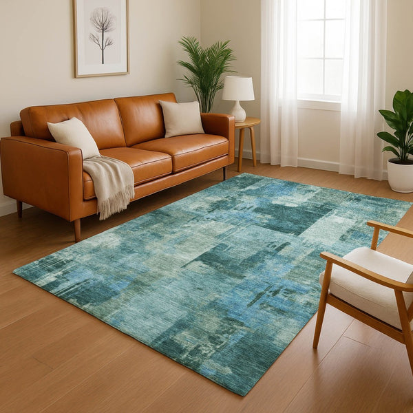 HomeRoots 9' X 12' Teal And Aqua Abstract Washable Area Rug - UV Protected, Stain-Resistant, Modern Design 717055