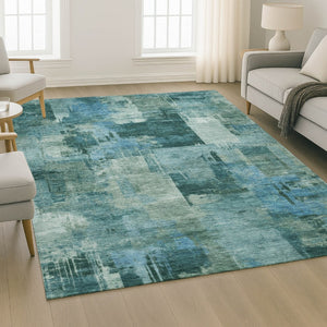 HomeRoots 9' X 12' Teal And Aqua Abstract Washable Area Rug - UV Protected, Stain-Resistant, Modern Design 717055
