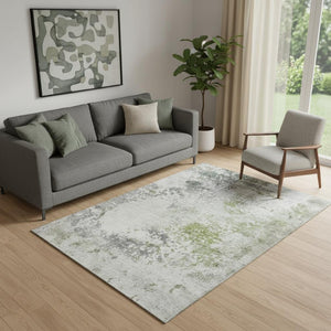 HomeRoots 8' Washable Linen and Gray Abstract Round Rug with UV Protection, Stain Resistance & Non-Slip Backing 717059