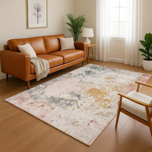 HomeRoots 8' Stylish Washable Round Rug in Pink & Copper Abstract Design - UV Protected & Easy Care! 717065