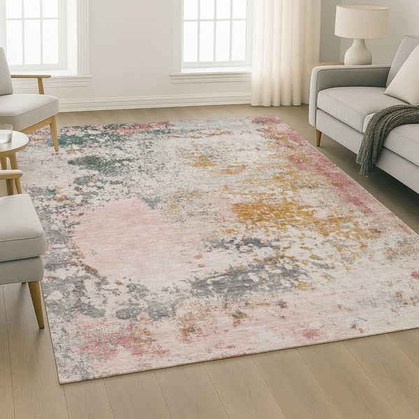HomeRoots 8' Stylish Washable Round Rug in Pink & Copper Abstract Design - UV Protected & Easy Care! 717065