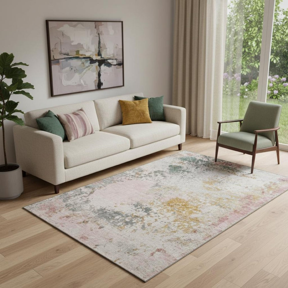 HomeRoots 8' Stylish Washable Round Rug in Pink & Copper Abstract Design - UV Protected & Easy Care! 717065