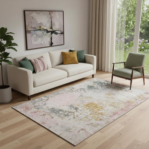 HomeRoots 8' Stylish Washable Round Rug in Pink & Copper Abstract Design - UV Protected & Easy Care! 717065