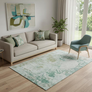 HomeRoots 8' Light Taupe & Teal Abstract Washable Round Rug - Durable, UV-Protected, Family-Friendly Style! 717071