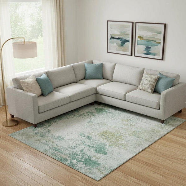 HomeRoots 9' X 12' Light Taupe and Teal Abstract Washable Area Rug - Stylish, Durable, UV Protected for Homes 717073