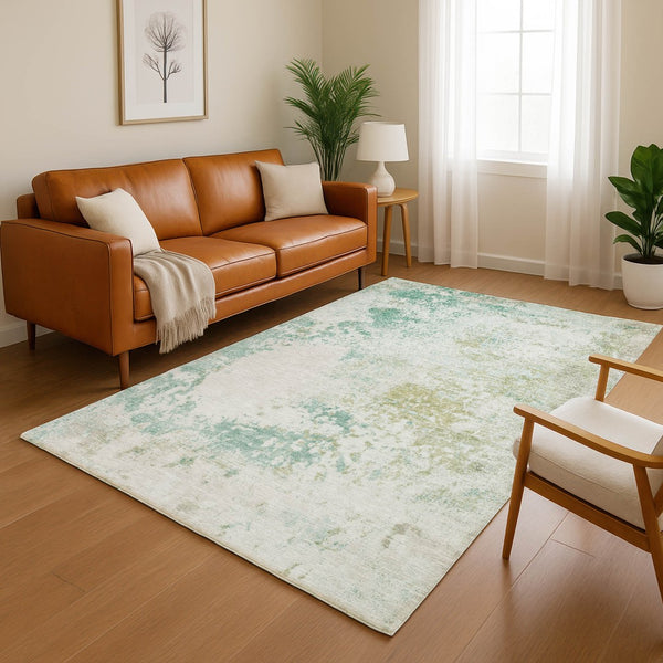 HomeRoots 10' X 14' Light Taupe & Teal Abstract Washable Area Rug - UV Protection for Modern Homes & Pets! 717074