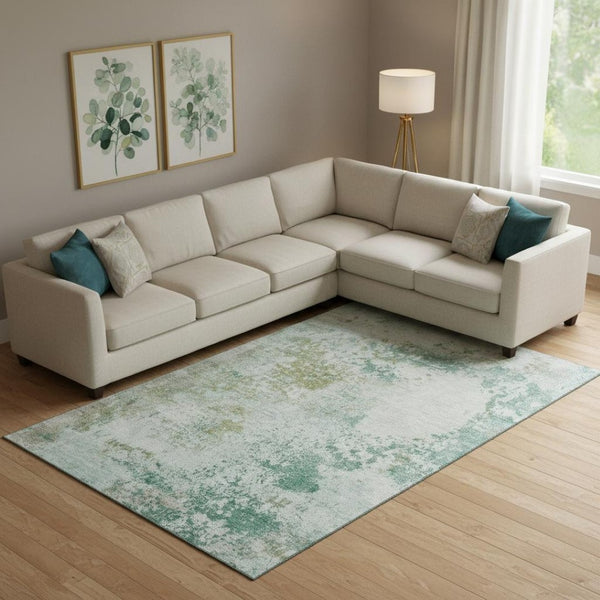 HomeRoots 10' X 14' Light Taupe & Teal Abstract Washable Area Rug - UV Protection for Modern Homes & Pets! 717074