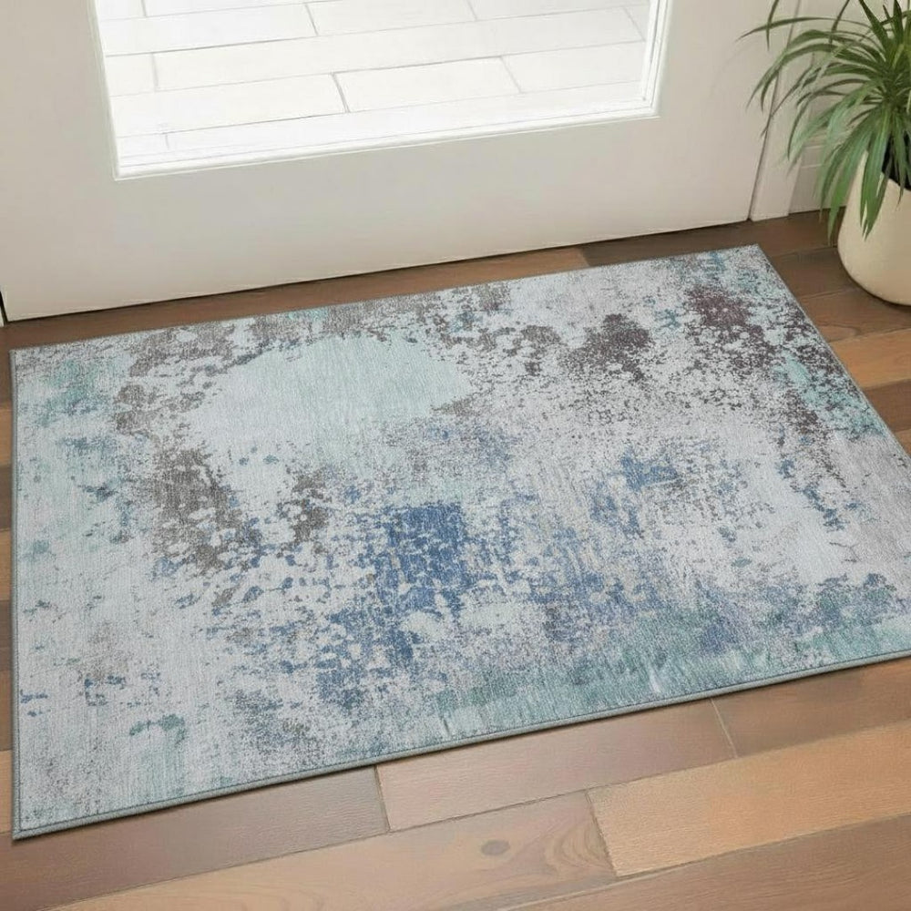 HomeRoots 5' Turquoise and Gray Abstract Area Rug – Washable, UV Protected, Stain Resistant, Non-Slip Design 717076