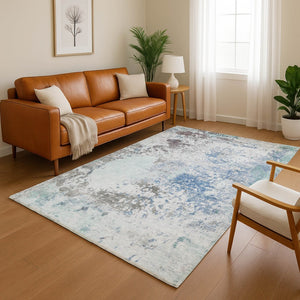 HomeRoots 8' Turquoise and Gray Abstract Washable Round Rug - UV Protected, Non-Slip, Perfect for High-Traffic Areas 717077