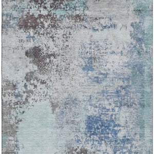 HomeRoots 8' Turquoise and Gray Abstract Washable Round Rug - UV Protected, Non-Slip, Perfect for High-Traffic Areas 717077