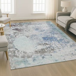 HomeRoots 8' Turquoise and Gray Abstract Washable Round Rug - UV Protected, Non-Slip, Perfect for High-Traffic Areas 717077