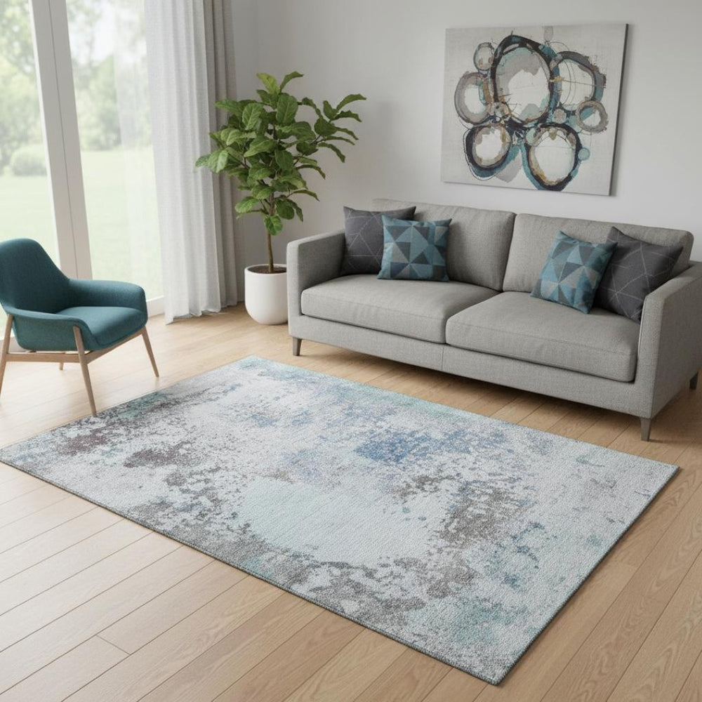 HomeRoots 8' Turquoise and Gray Abstract Washable Round Rug - UV Protected, Non-Slip, Perfect for High-Traffic Areas 717077