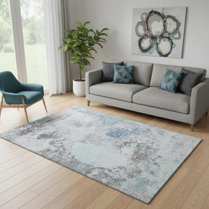 HomeRoots 8' Turquoise and Gray Abstract Washable Round Rug - UV Protected, Non-Slip, Perfect for High-Traffic Areas 717077