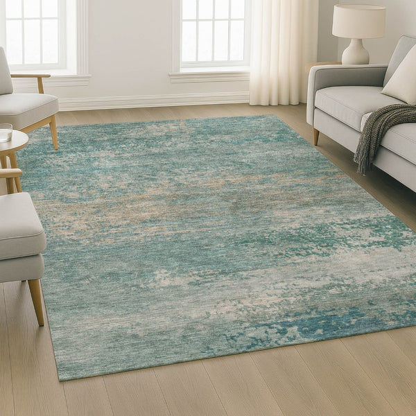 HomeRoots 5' X 8' Aqua & Beige Abstract Area Rug - Washable, UV-Protected, Non-Slip & Family-Friendly Design! 717082