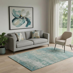 HomeRoots 8' Aqua and Beige Abstract Round Rug – Washable, UV-Protected, Non-Slip, Perfect for High Traffic Areas 717083