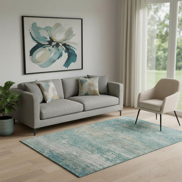 HomeRoots 8' Aqua and Beige Abstract Round Rug – Washable, UV-Protected, Non-Slip, Perfect for High Traffic Areas 717083