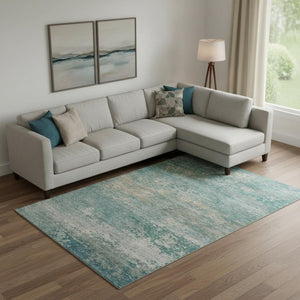 HomeRoots 9' X 12' Aqua & Beige Abstract Area Rug - Washable, Stain Resistant, UV Protected for Easy Care 717085