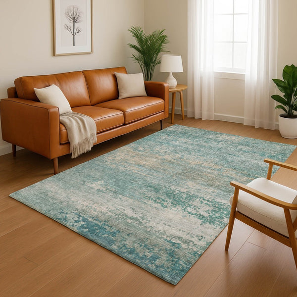 HomeRoots 10' Aqua and Beige Abstract Washable Area Rug - UV Protected, Stain Resistant, Perfect for Family Spaces 717086
