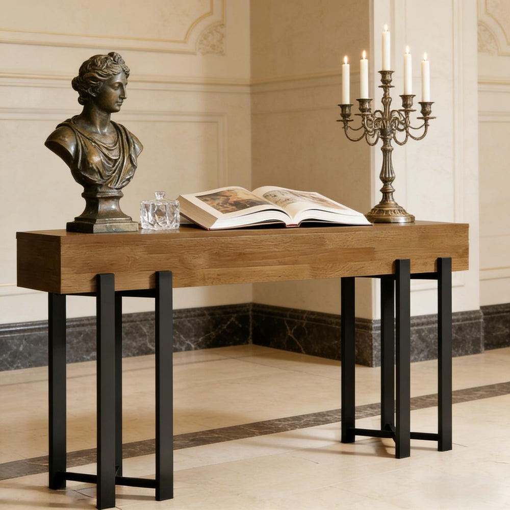 English Elm Practical Geometric Console Table with Matte Black Wood Grain Finish for Entryway or Sofa T3971P452927