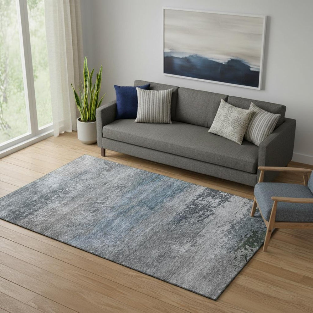 HomeRoots 8' Modern Pewter and Charcoal Abstract Round Rug - Washable, UV Protected, Non-Slip, Stain Resistant 717107