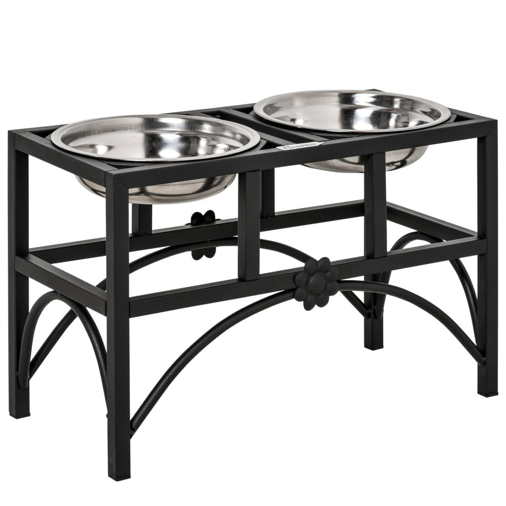 English Elm Double Bowl Elevated Dog Feeding Station with Iron Frame and Stainless Steel Inserts T3971P384243