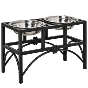 English Elm Double Bowl Elevated Dog Feeding Station with Iron Frame and Stainless Steel Inserts T3971P384243
