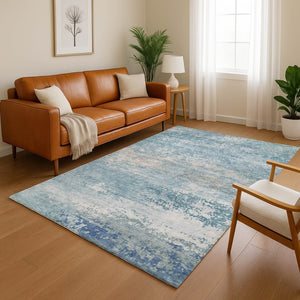 HomeRoots 5' Sky Blue & Gray Abstract Washable Area Rug – Stylish, UV Protected, Durable for Homes with Kids & Pets 717112