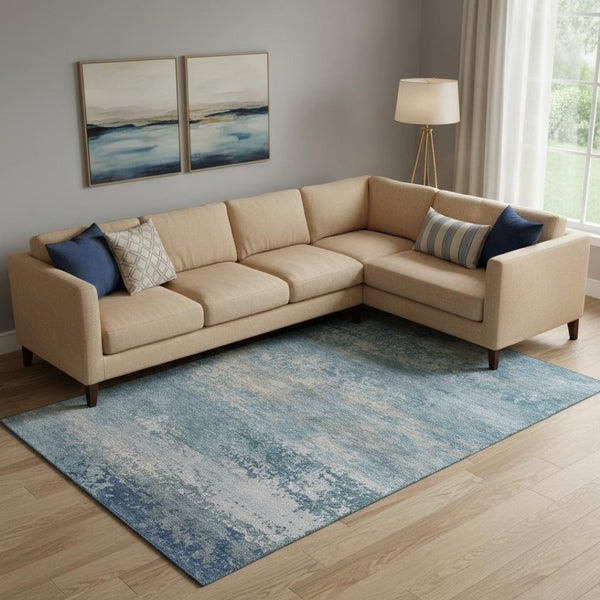 HomeRoots 9' X 12' Sky Blue Gray Abstract Washable Area Rug with UV Protection for Modern Living Spaces 717115
