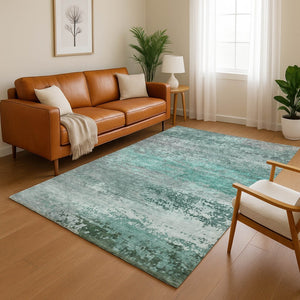 HomeRoots 5' X 8' Teal and Gray Abstract Area Rug - Washable, UV-Protected, Perfect for Homes with Kids & Pets 717118