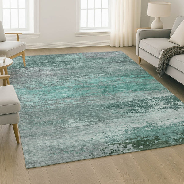 HomeRoots 5' X 8' Teal and Gray Abstract Area Rug - Washable, UV-Protected, Perfect for Homes with Kids & Pets 717118